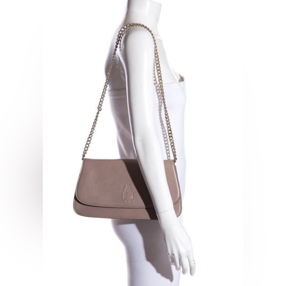 Mark Cross Vintage Taupe Leather Envelope Clutch with gold-tone chain strap